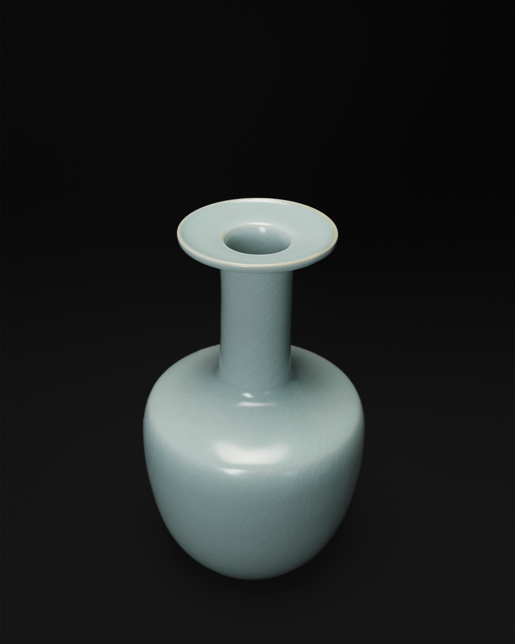 Three-quarter view of the celadon vase showing its dish mouth, long neck and compact body.