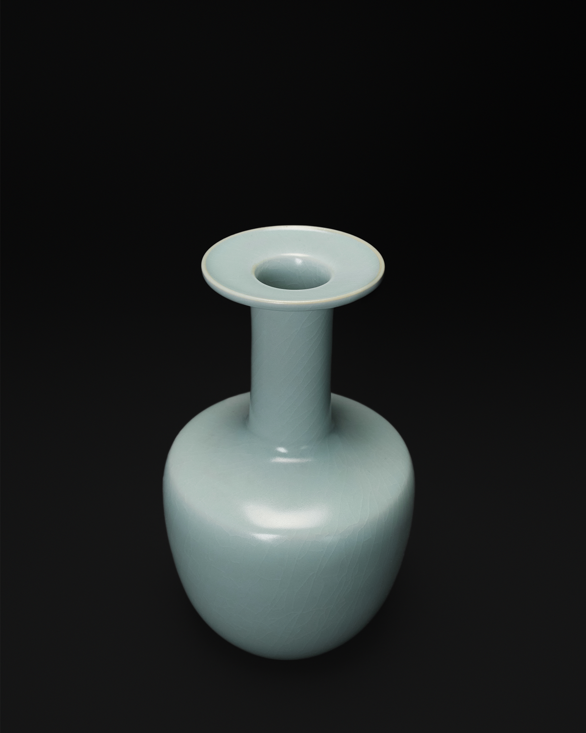 Three-quarter view of the celadon vase showing its dish mouth, long neck and compact body.