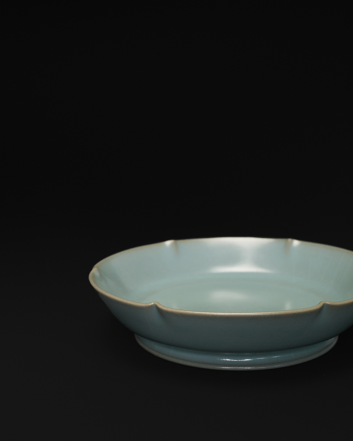 Low side close-up of the lobed mallow rim and shallow profile of the Chinese brush washer.