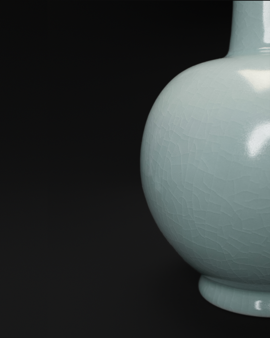 Close-up of the crackle celadon glaze across the rounded body and foot of the long neck vase.