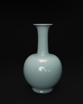 Front view of a celadon long neck vase with a flared rim, slender neck and rounded body.
