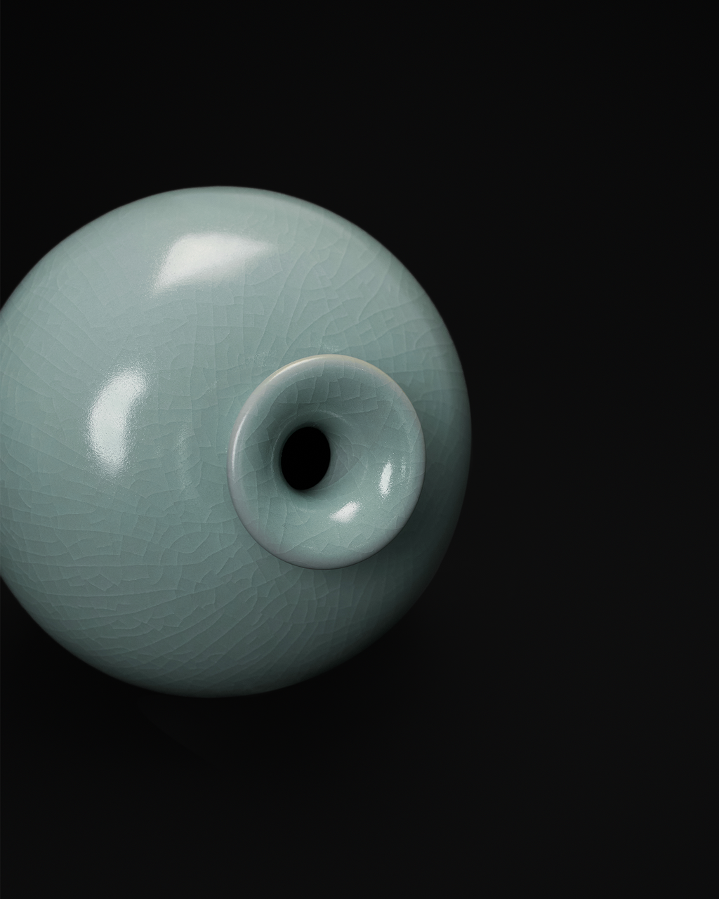 Close-up of the small flared mouth and crackled celadon shoulder of the Meiping vase.