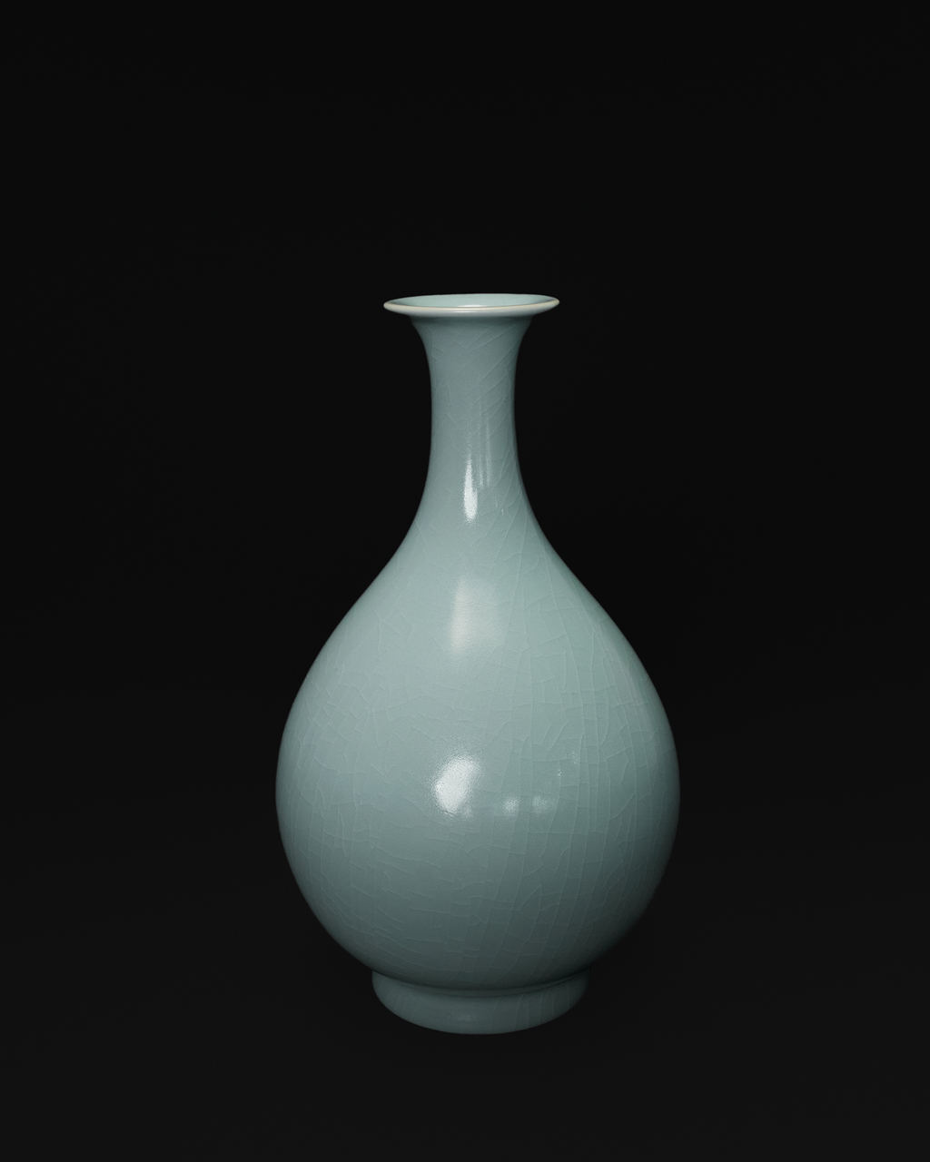 Front view of a celadon Yuhuchun vase with a slender neck, pear-shaped body and foot ring.