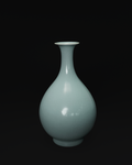 Front view of a celadon Yuhuchun vase with a slender neck, pear-shaped body and foot ring.